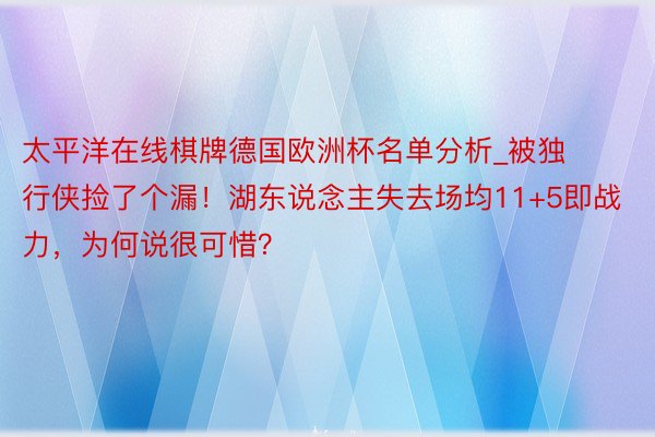 太平洋在线棋牌德国欧洲杯名单分析_被独行侠捡了个漏！湖东说念主失去场均11+5即战力，为何说很可惜？